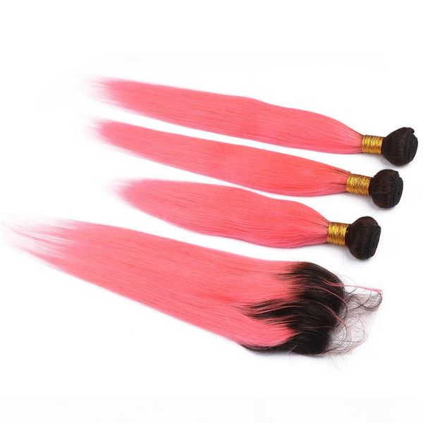 

straight #1b pink ombre peruvian human hair bundles 3pcs with lace closure 4x4 dark root ombre pastel pink virgin hair weft extensions, Black