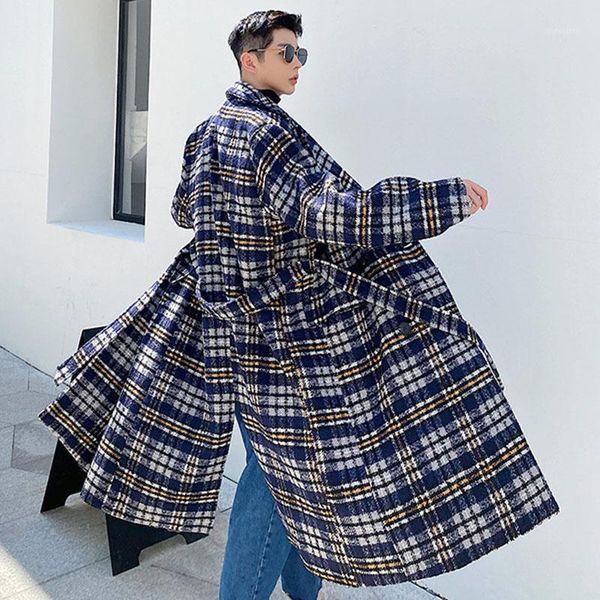 

new male vintage casual loose woolen jacket overcoat men double breasted belt thick wool plaid long trench coat outerwear1, Black