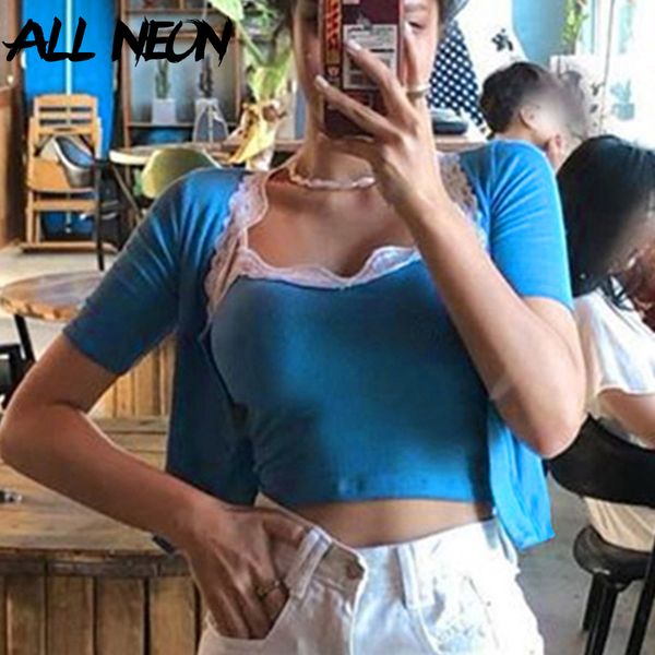 

allneon vintage e-girl chic single-breasted crop 90s streetwear v-neck with lace short sleeve blue t-shirts summer tees, White
