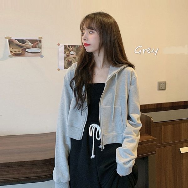 

2020 новый осенний чистый красный свободный корейский короткие кардиган серый с длинным рукавом с капюшоном свитер пальто пальто молния свит, Black