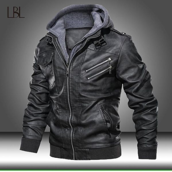 

men faux leather jacket motorcycle jacket men's windbreaker hooded pu jackets male outwear warm biker plus velvet retro coats, Black