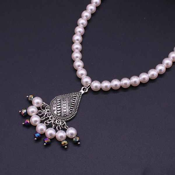 

chokers bohemian pearl necklace fashion handmade beaded retro alloy crystal 8mm imitation women's short chain jewelry, Golden;silver