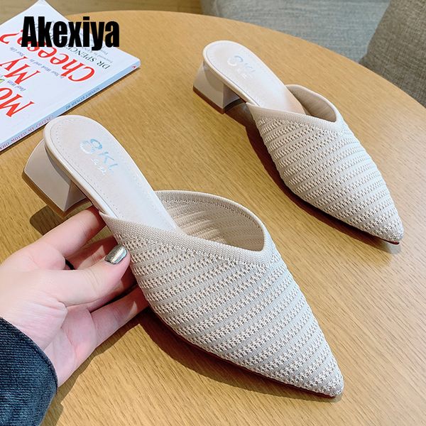 

2020 women mules black slides female thick block heels beige slippers summer high heels luxury pointed toe green shoes s340 1007, Black;white
