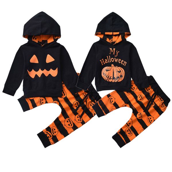 

focusnorm halloween infant baby boys girls clothes sets pumpkin print long sleeve hooded pants 2pcs 201126, White