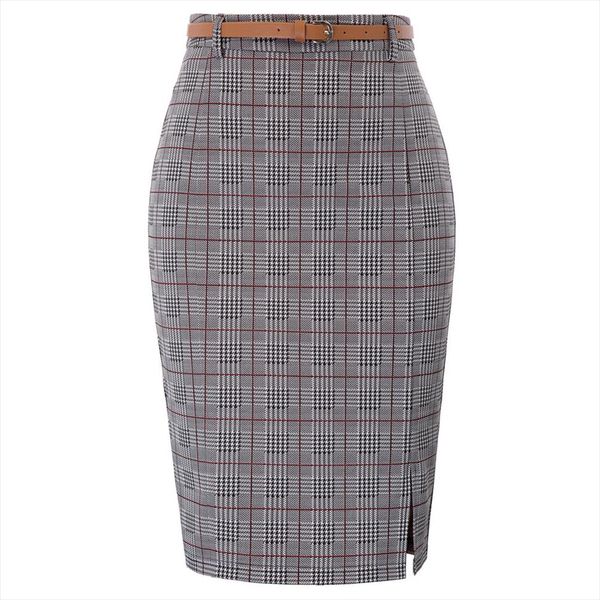 

womens gingham skirts office lady business party elegant grid pattern belt decorated hips wrapped bodycon pencil skirt, Black