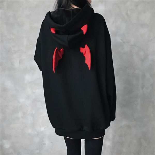 

письмо с капюшоном толстовки толстовка devil wing gothic толстовки женщины крупногабаритные streetwear незнакомец вещи harajuku long pullove, Black