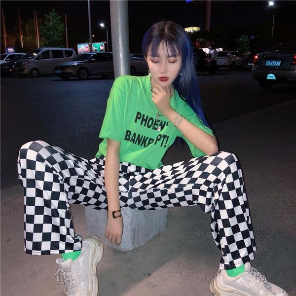 

2021 korea bf street hip hop new plaid pants fun female personality large size vintage checkerboard print couple full pants, Black;white