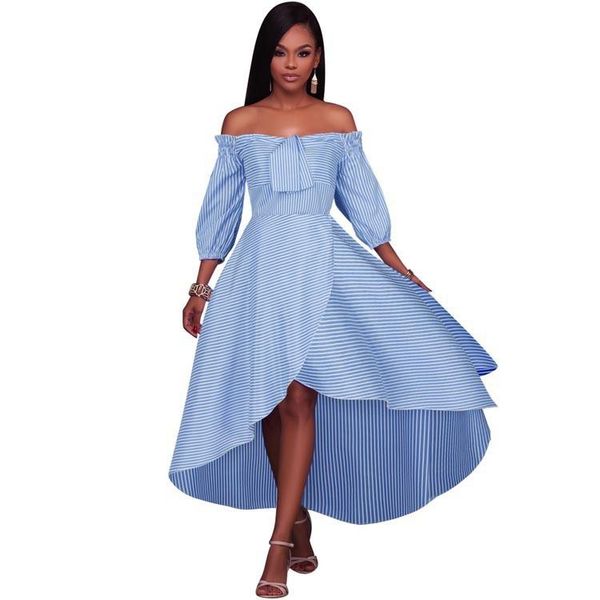 

striped women dress fit and flare strapless women dresses three quarter sleeve mid-calf vestidos, Black;gray