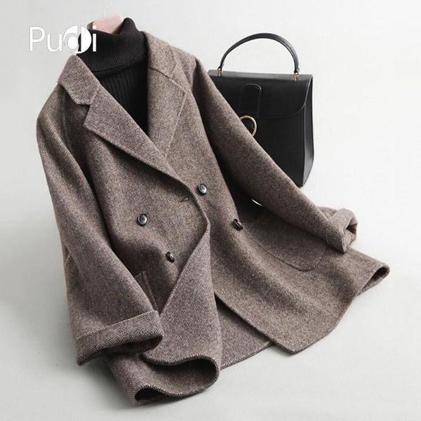 

pudi a38522 2020 women fall winter new fashion wool plaid jacket lady long style pocket leisure wool coat1, Black