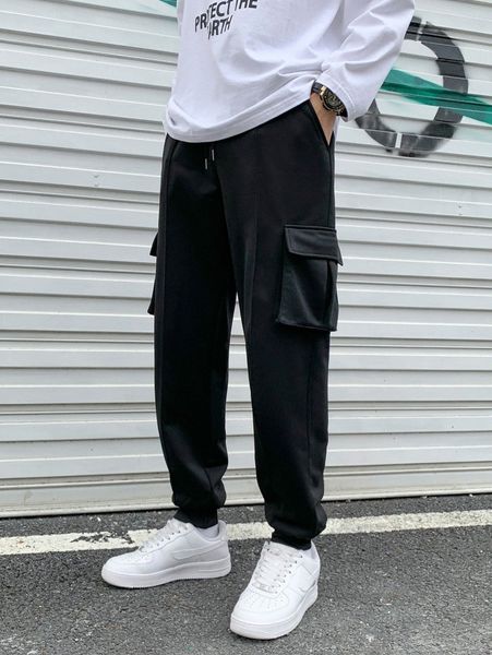

men drawstring waist slant pocket sweatpants e49l#, Black