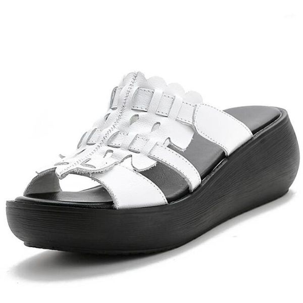 

sandals summer 2021 fashion retro thick bottom casual beach slippers comfortable genuine leather wedge1, Black