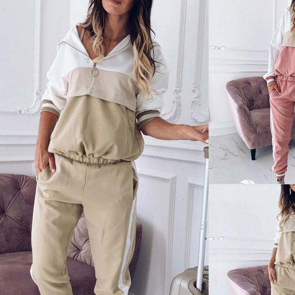 

women casual patchwork tracksuit sportswear sets long sleeve pockets hoodies sweatshirt sweatpant 2 pcs set autumn set, Black