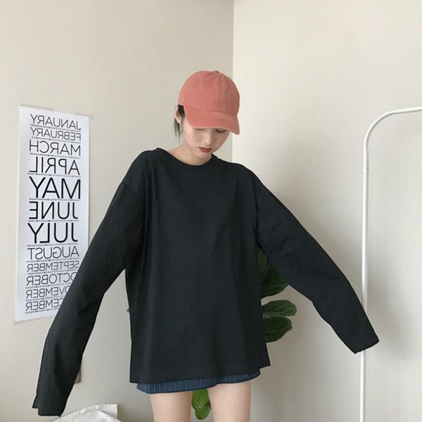 

ins coat t-shirt solid color long sleeve t-shirt women's early autumn foreign style korean version of students' loose bf lazy chic, White