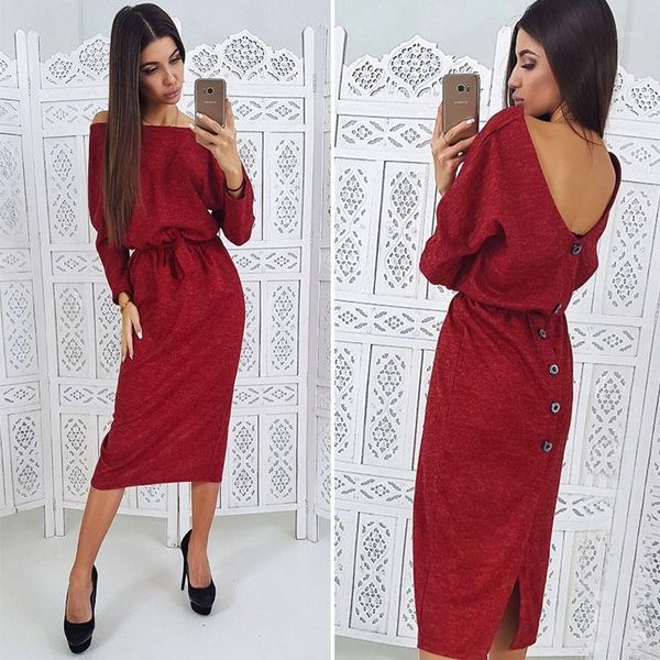 

moarcho fashion casual back buttoned long dress sashes long sleeve o-neck elegant office work loose midi women dress 20201, Black;gray