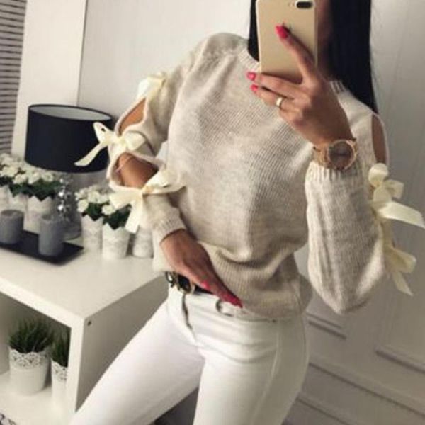 

spring solid hollow out sweater women autumn lace up bow long sleeve sweater female casual loose office ladies pullover, White;black