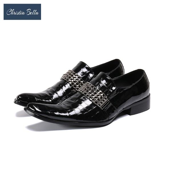 

christia bella italian handmade genuine leather men shoes chains business oxford leather shoes party men dress footwear, Black