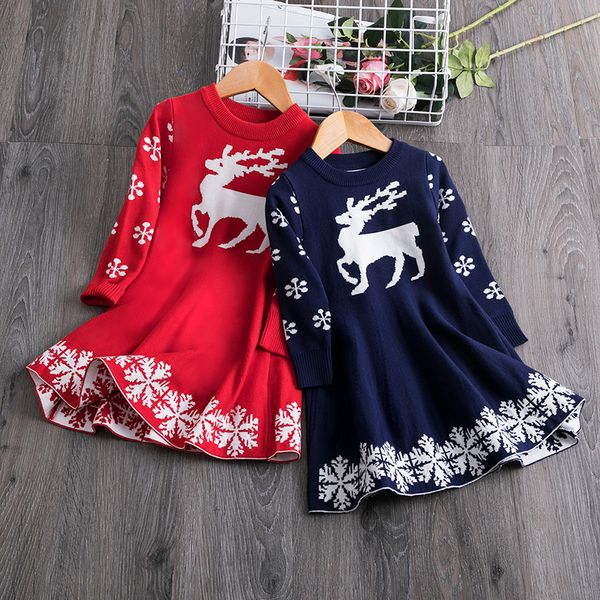 

girls christmas dress knitted winter long sleeve clothes pattern elk snowflake kid new year costume xmas girls dresses for girls, Red;yellow