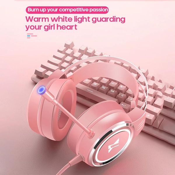 

7.1 surround sound pink headphones gaming headset wired with microphone professional gamer rgb light earphones for girl