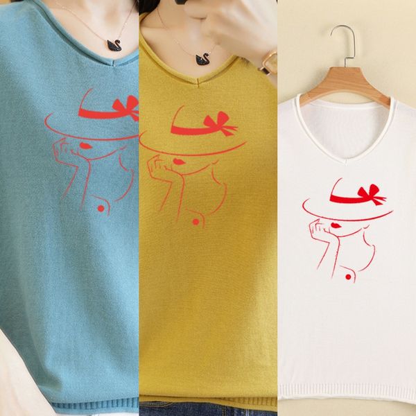 

летний новый хлопок короткий рукав пальто женщин футболки верхней v-образным вырезом печатных трикотажная футболка женский свободный топ кор, White