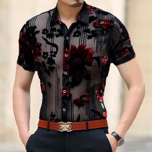 

mannen kleding 2020 spring short sleeve slim fit transparent shirt men flower print velvet shirt club party chemise homme1, White;black