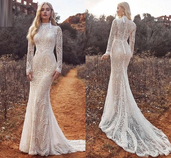 Abiti da sposa bohémien in pizzo all'uncinetto vintage 2022 Collo alto a maniche lunghe Pastrol Sirena a coda di pesce Abiti da sposa robe de mari￩e