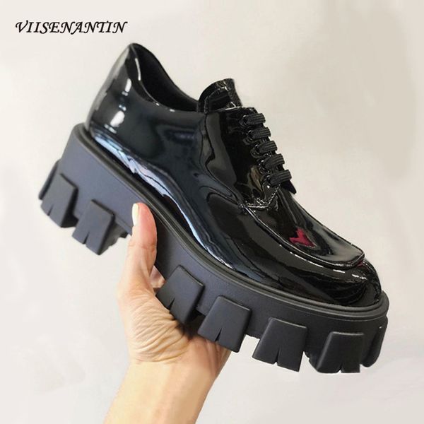 

viisenantin 2020 spring women single shoe patent leather thick bottom handsome shoe casual comfortable lace up platform shoes 1020, Black;white