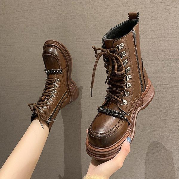 

2021 женщины pu кожаные лодыжки сапоги женщины осень зимний круглый носок кружева обувь женщина мода мотоцикл платформа botas, Black