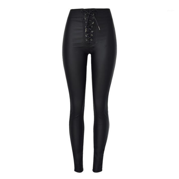 

women's high waist slim stretch metal cutout bandage elastic waist coated pu faux leather denim pants1, Black;white