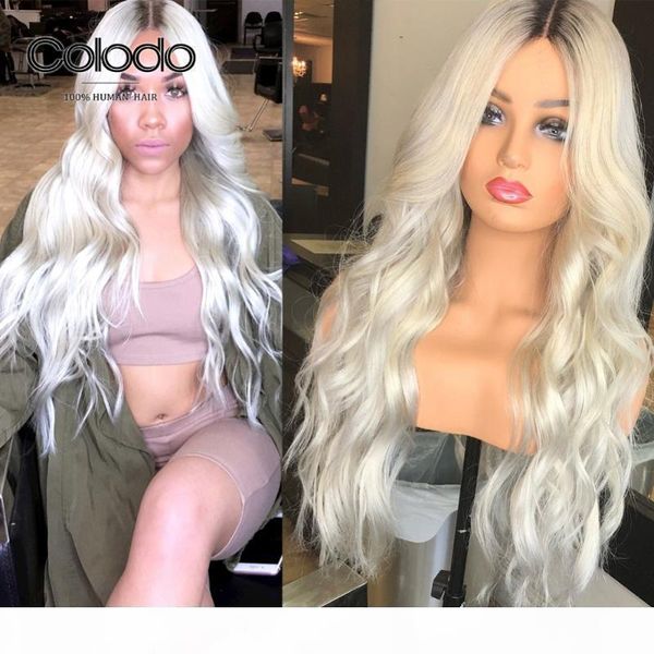 

colodo platinum blonde human hair wigs prepluced 1b roots loose wave wig brazilian remy lace front human hair wigs for women, Black;brown