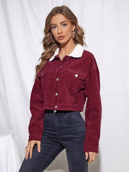 

contrast teddy collar flap pocket cord jacket i7ut#, Black;brown