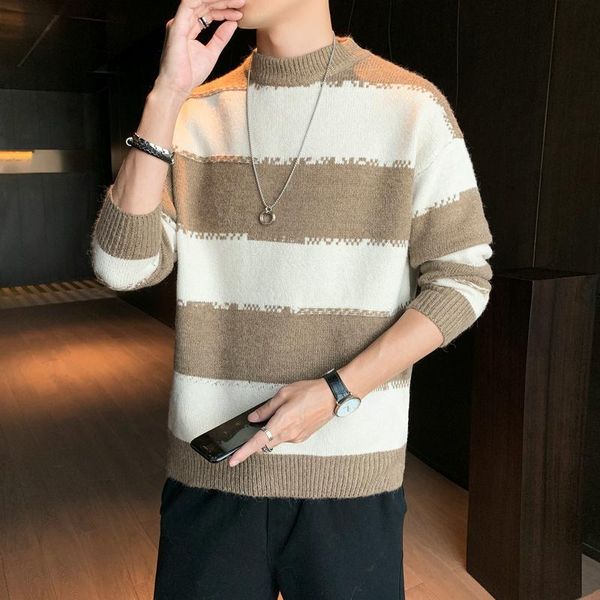 

autumn winter korean round collar loose men striped sweaters long sleeve fashion 2020 simple soft knitted pullovers pull homme, White;black