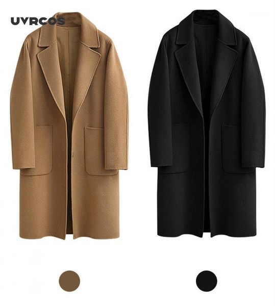 

uvrcos 2020 winter black coat for women wide lapel pocket woollen cloth polyester wool blend coat oversize long trench coats1, Tan;black
