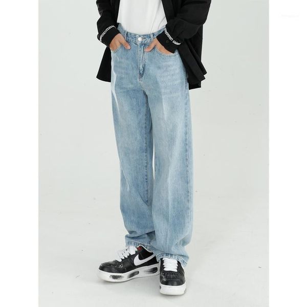 

male streetwear hip hop denim pant men vintage washed loose casual basic style straight jeans trousers1, Blue