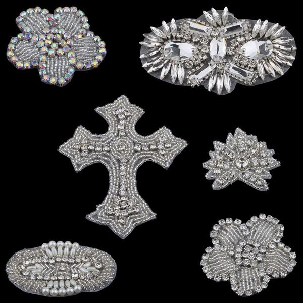 

hair accessories 6pc handmade bling beaded ab rhinestone applique sew on manual flatback crystal flower cloth for kids, Slivery;white