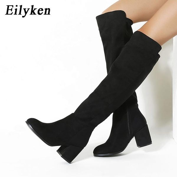 

eilyken size 35-40 women fashion black knee high boots winter flock zipper shoes thick high heel round toe ladies long boot