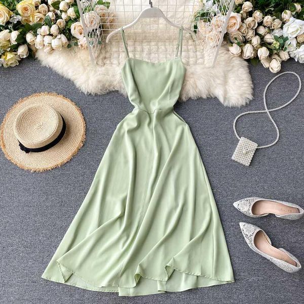 

fmfssom summer spring spaghetti strap solid vintage blackless retro women female a-line high waist midi dress1, Black;gray