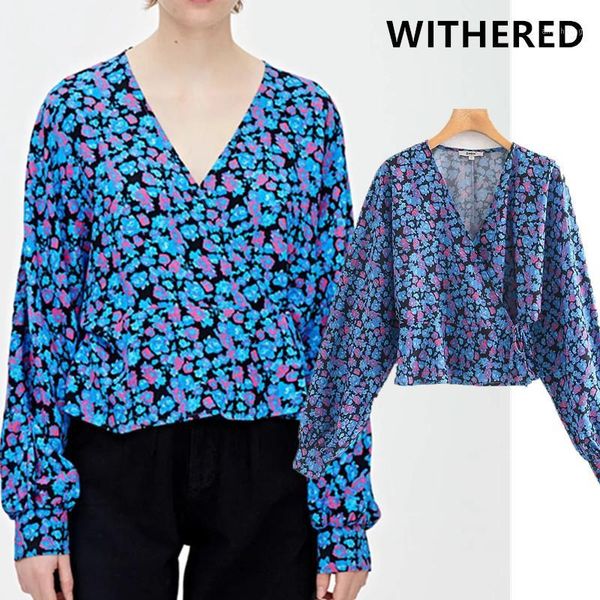 

withered blusas mujer de moda 2019 england vintage floral printing loose v-neck kimono shirt womens and blouse1, White