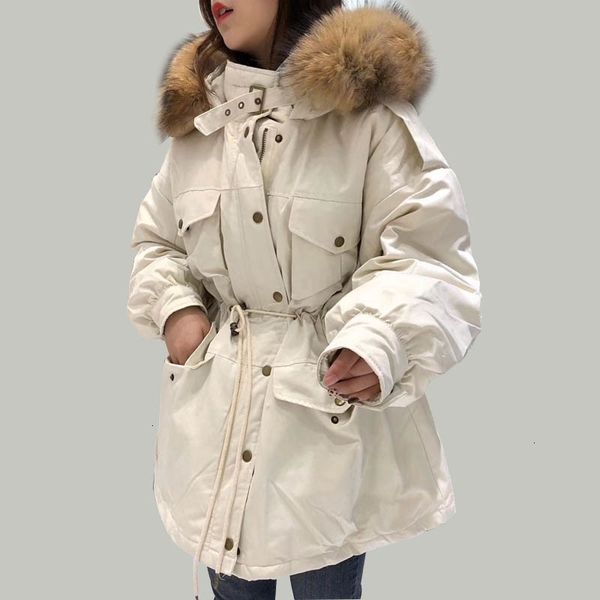 

winter jacket women hooded 2021 white duck down parkas medium long slim coats large real raccoon fur collar warm pink outwear dt191024, Black