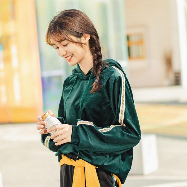 

winter fashion personality hooded draw string velvet mosaicstripes women losse short fleece coat drop shipping good quality, Black