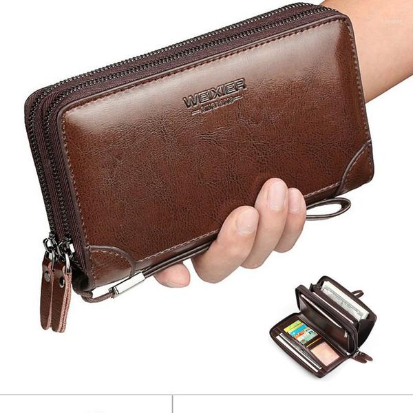 

wallets men wallet long double zipper pu leather business cell phone clutch purse hand bag large card holders purses1, Red;black