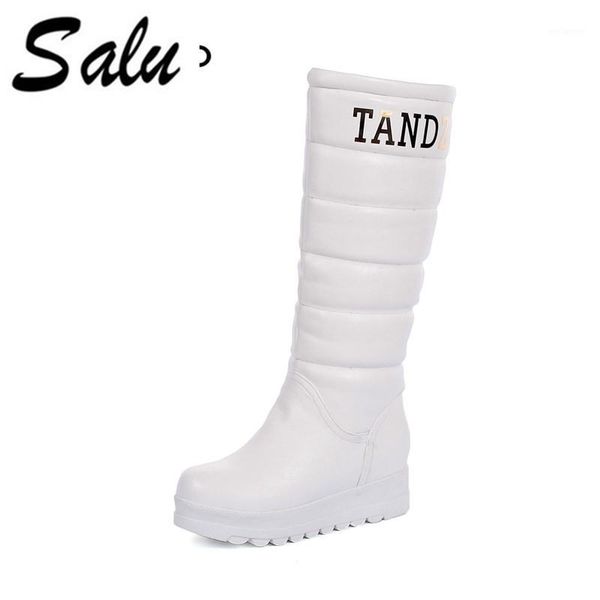 

salu 2020 new arrival boots women round toe short plush winter boots slip on fashion mid calf solid color snow1, Black