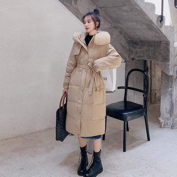 

women's down & parkas winter thick warm women with belt 2021 fashion x-long cotton jacket coats big fur collar zipper padded cold outwe, Black