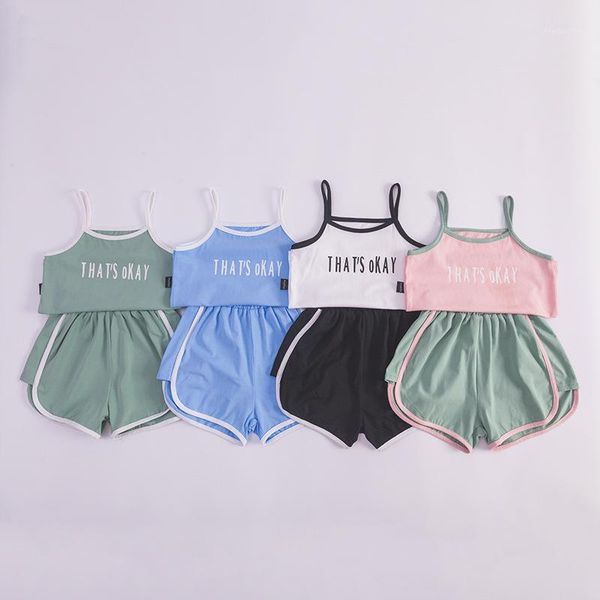 

clothing sets arrival summer girls fashion sports suspenders short 2 pieces suit toddler kids clothes outfits1, White