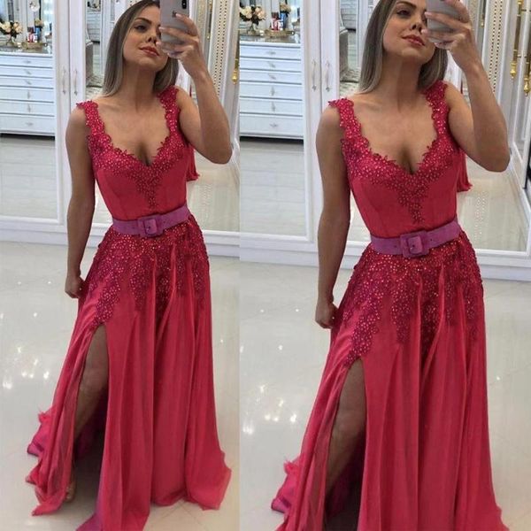 

vintage prom dresses 2021 deep v neck lace appliqueds pearls side slit chiffon a line evening dresses party formal gowns l176, Black;red