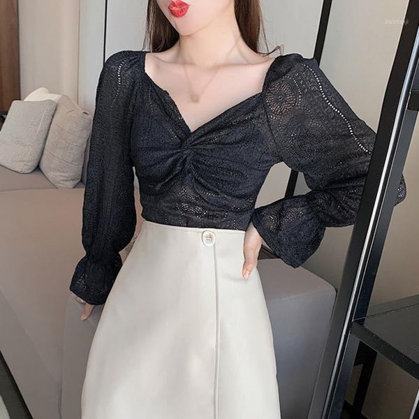 

cross v-neck blouses long-sleeved lace shirt women trumpet sleeve blouses, White