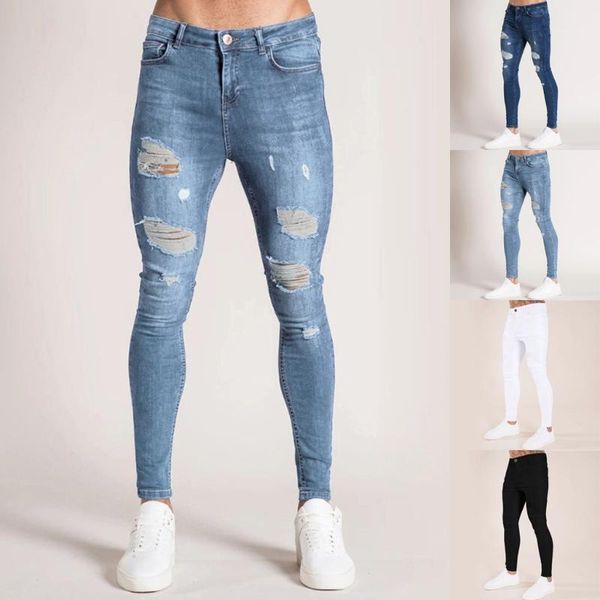 

new long pencil pants ripped jeans men's skinny denim hole trouser distressed jeans long pencil pants streetwear1, Blue