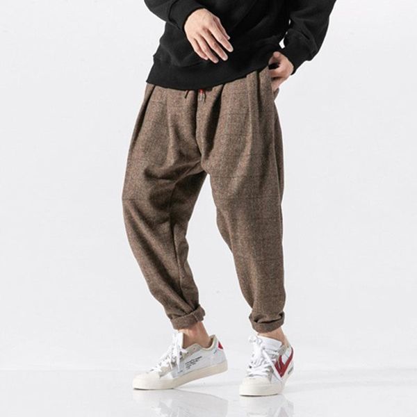 

men winter thick warm woolen casual plaid pant male loose fashion harem trousers japan streetwear hip hop pant jogger sweatpants1, Black