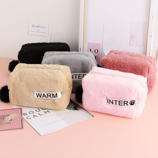 

winter fur cosmetic bag soft plush cosmetic bags travel zipper pouch storage organizer with fur ball make up case dropship l5