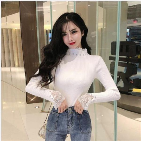 

sweet women sweater pullovers spring autumn knitted jumper lady patchwork lace 2020 new slim pull femme hiver beading m3301, White;black