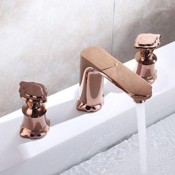 

bathroom sink faucets rose gold finish faucet fashion water tap three hole widespread basin 8' mixer1